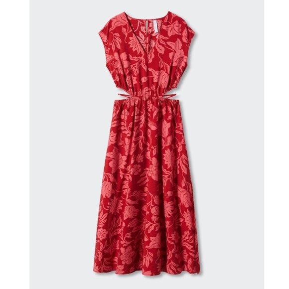 NWT Mango Side Slit Dress size 2 / XS - Floral Tropical Print Red Burgundy - Picture 3 of 13